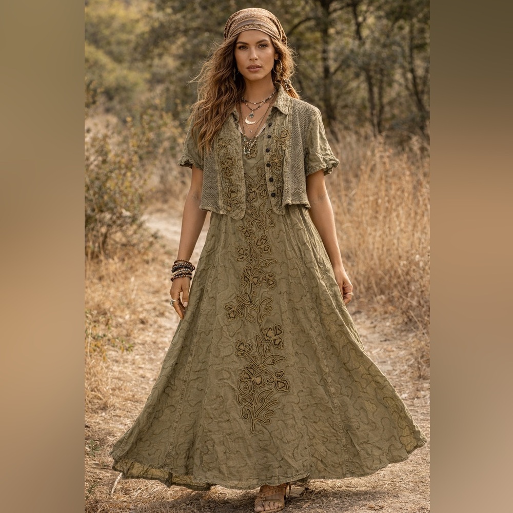 Olive Green Embroidered Women’s Dress Short Jacket Size 2XL hippie Boho festival